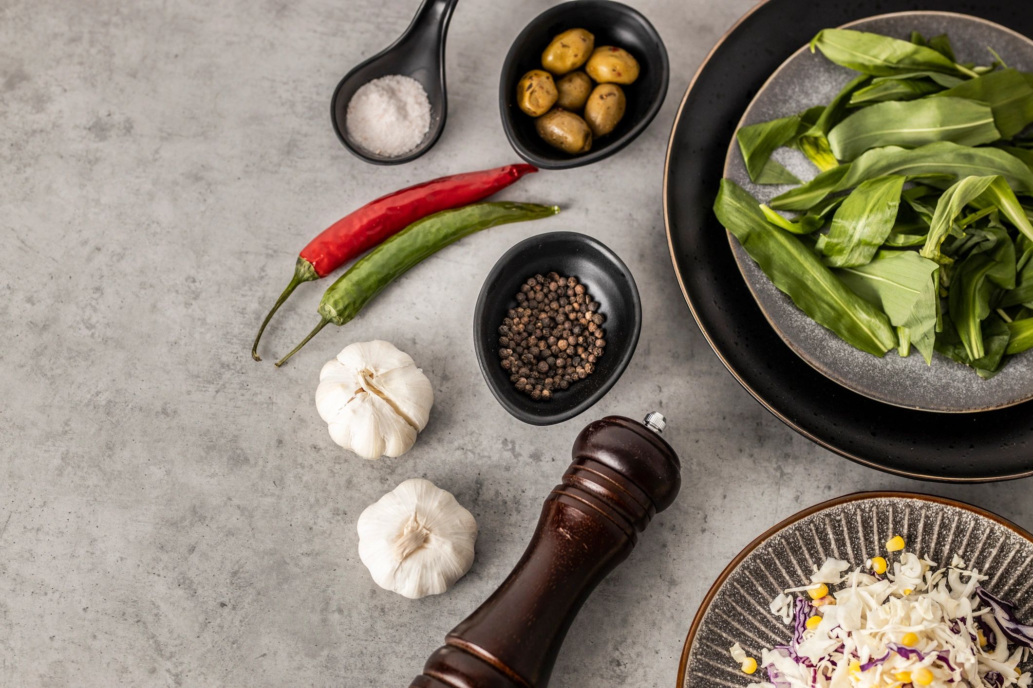 Vibrant vegan salad flat lay with spices