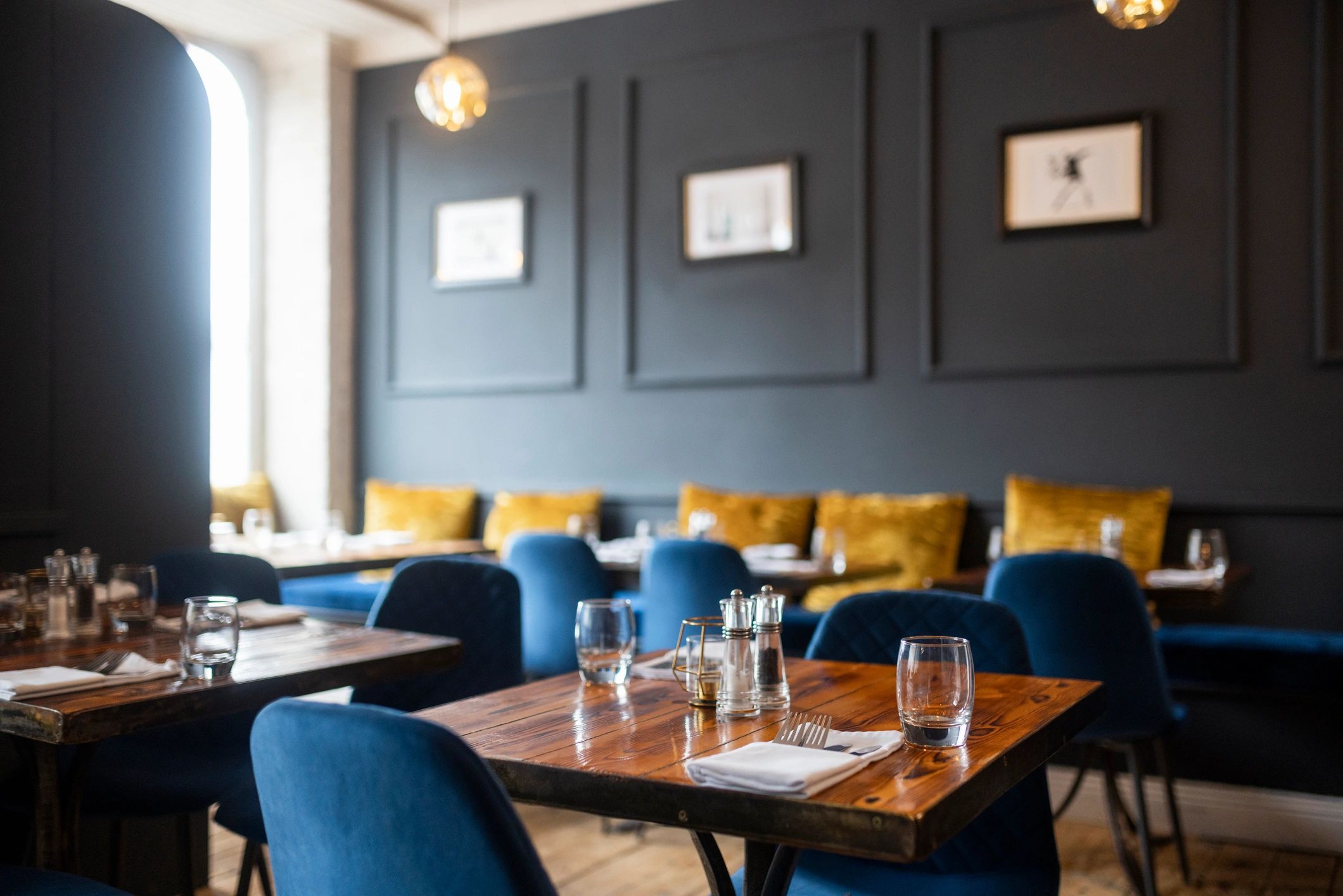 Restaurant tables set for service